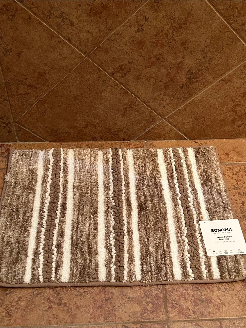 Sonoma Tan Brown & White  Striped Textured Bath Rug Matt NEW 17